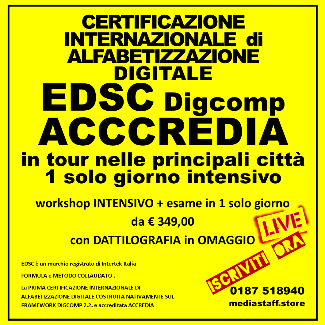 pack dal vivo in presenza EDSC Digcomp Certificazione Internazionale di Alfabetizzazione Digitale EDSC Digcomp + DATTILOGRAFIA edizioni in tutta Italia
