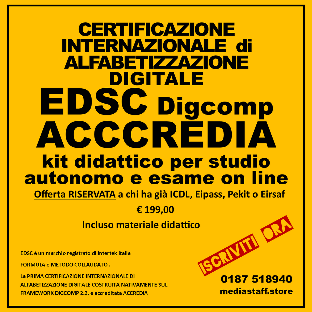 Certificazione Internazionale di Alfabetizzazione Digitale EDSC Digcomp OFFERTA RISERVATA *